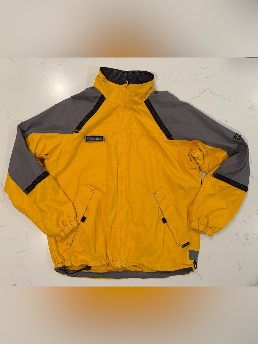 Vintage Mens Columbia Packable Rain Jacket Yellow Gray Full Zip Size L